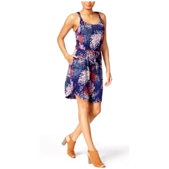 Lucky Brand Sz M Blue Ditsy Floral Dress Pockets Tie Waist Twisted Shoulders - Picture 1 of 11